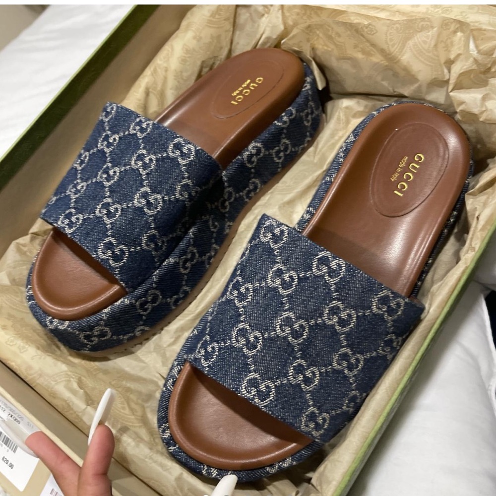 Gucci denim platform slides
